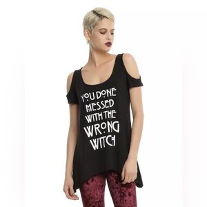 Hot Topic x American Horror Story AHS Coven witch quote cold shoulder top 3X EUC